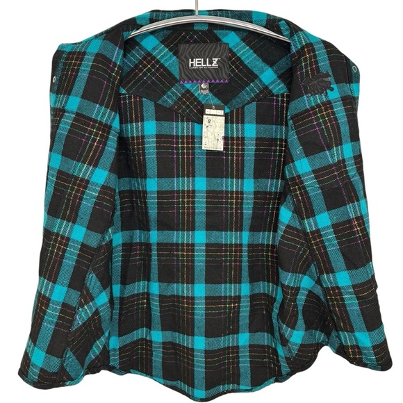 NWT HELLZ TEAL BLACK PLAID COLLARED BUTTON UP LONG SLEEVE 100% COTTON, SMALL - Picture 8 of 15